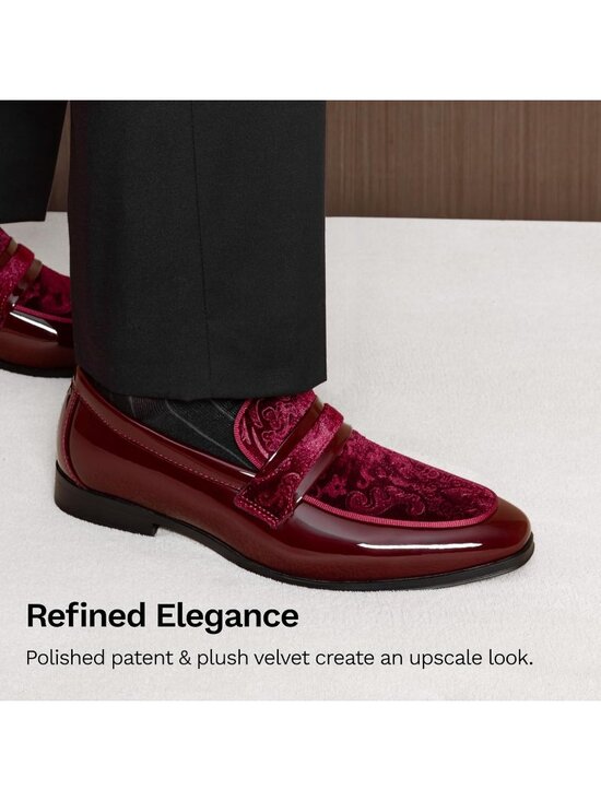 Men\'s Burgundy Tuxedo Patent Loafers Classic Velvet Slip-on Dress Shoes main image 6